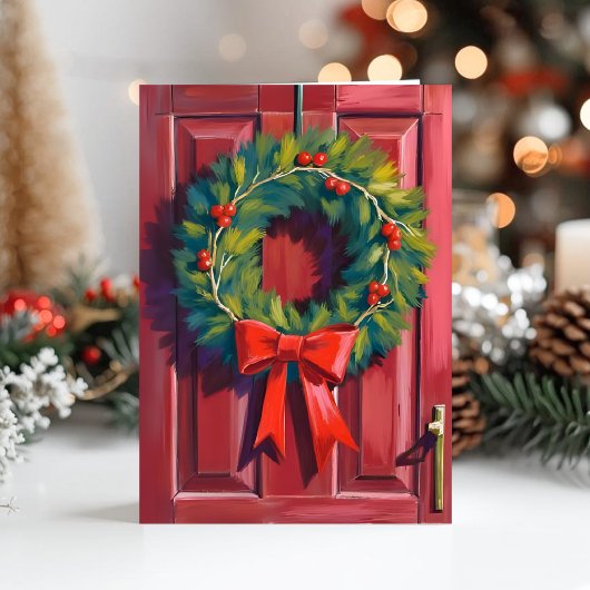 クリスマスリース赤いドア水彩画 シーズンカード
