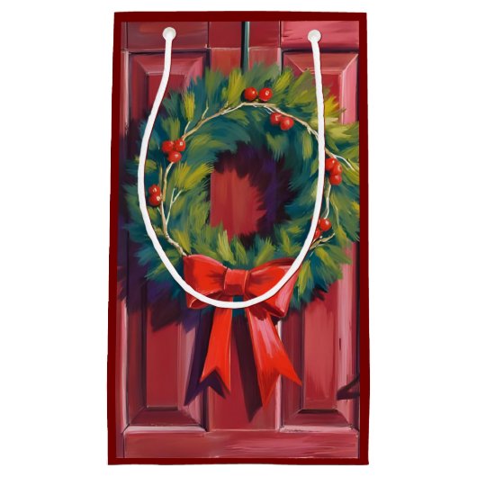 クリスマスリース赤いドア水彩画 スモールペーパーバッグ (正面)