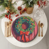 クリスマスリース赤いドア水彩画 ペーパープレート