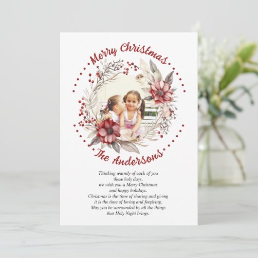 クリスマスリース赤い花と果実の写真 シーズンカード (スタンド正面)