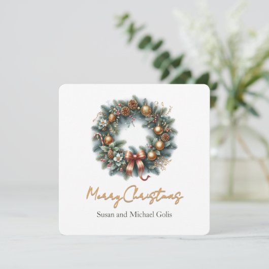 クリスマスリース金ゴールドと緑 シーズンカード (スタンド正面)