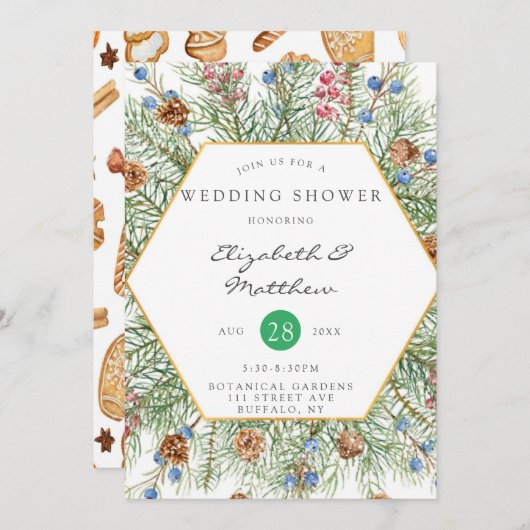 クリスマスリース金ゴールドウェディングシャワー 招待状 (正面/裏面)