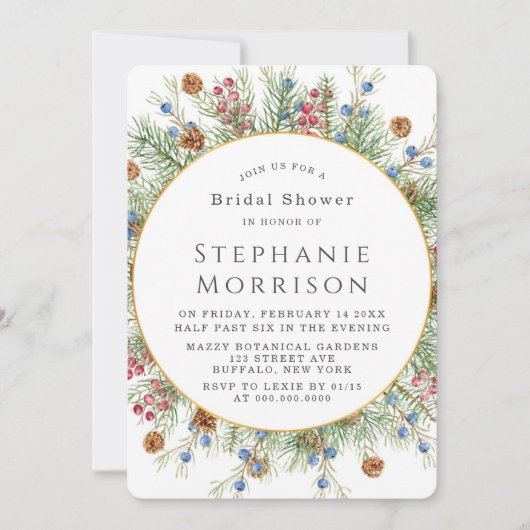 クリスマスリース金ゴールド幾何学的ブライダルシャワー 招待状 (正面)