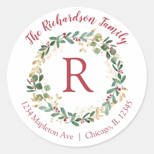 クリスマスリース金ゴールド赤差出人住所ラベル ラウンドシール (正面)