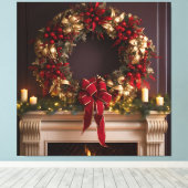 クリスマスリース、キャンドルと暖炉 キャンバスプリント (インサイチュ (ウッドフロア))