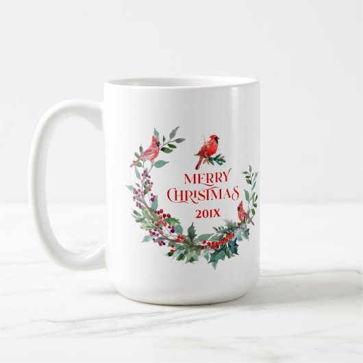 クリスマスリース、タイポグラフィ&レッドロビン コーヒーマグカップ (左)