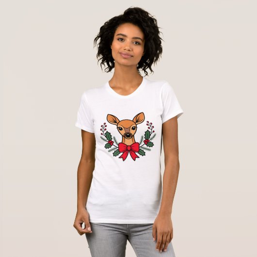 クリスマスリース+トナカイ+リボン Tシャツ (正面フル)
