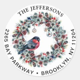 クリスマスリース&ブルフィンチ差出人住所ラベル ラウンドシール