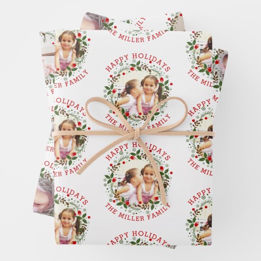 クリスマスリース、レッドハッピーホリデー3枚の写真 ラッピングペーパーシート (インサイチュ)