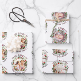 クリスマスリース、レッドハッピーホリデー3枚の写真 ラッピングペーパーシート