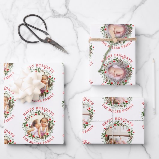 クリスマスリース、レッドハッピーホリデー3枚の写真 ラッピングペーパーシート (正面)