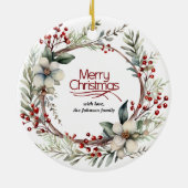 クリスマスリース、白い花、赤い果実の写真 セラミックオーナメント (裏面)