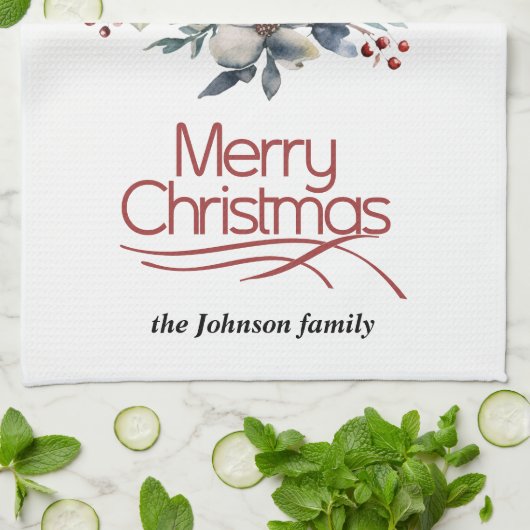 クリスマスリース、白い花、赤い果実の喜び キッチンタオル (折り畳み)