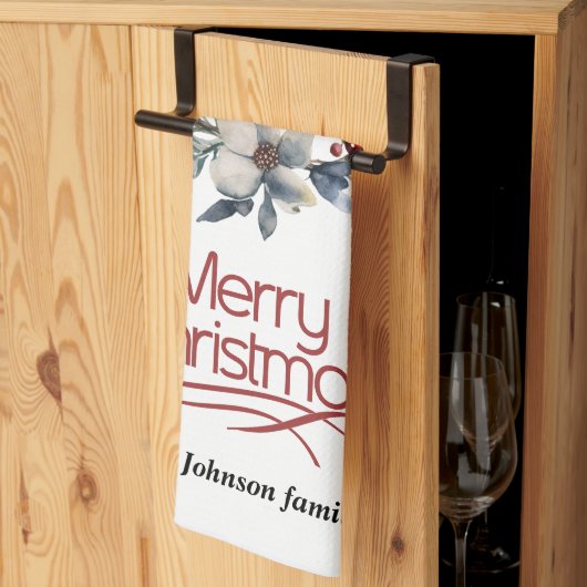 クリスマスリース、白い花、赤い果実の喜び キッチンタオル (三つ折り)