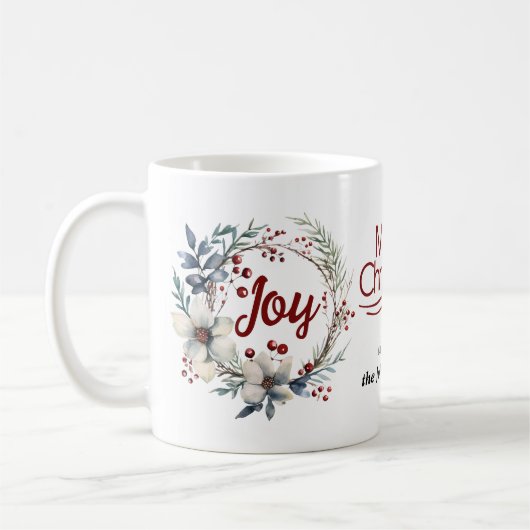 クリスマスリース,白い花,赤い果実Joy コーヒーマグカップ (左)