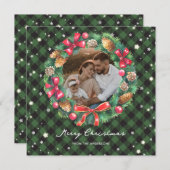クリスマスリース 緑のチェック柄 星 フォト シーズンカード (正面/裏面)