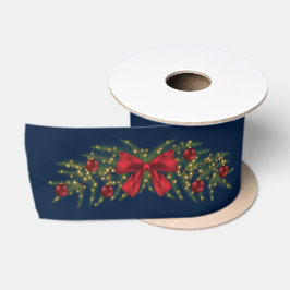 クリスマスリース 赤いリボンとオーナメント付き サテンリボン