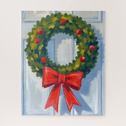 クリスマスリース 赤いリボン 白い水彩画 ジグソーパズル (縦)