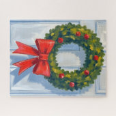 クリスマスリース 赤いリボン 白い水彩画 ジグソーパズル (横)
