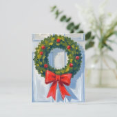 クリスマスリース 赤いリボン 白 水彩画 シーズンカード (スタンド正面)