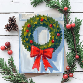 クリスマスリース 赤いリボン 白 水彩画 シーズンポストカード