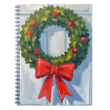 クリスマスリース 赤いリボン 白 水彩画