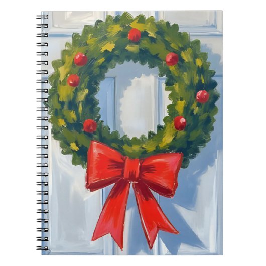 クリスマスリース 赤いリボン 白 水彩画 ノートブック (正面)
