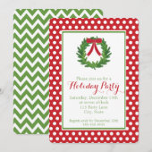 クリスマスリース、赤い水玉模様のホリデー招待状 招待状 (正面/裏面)