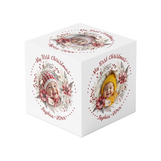 クリスマスリース、赤い花、果実のフォトキューブ フォトキューブ (正面アングル)