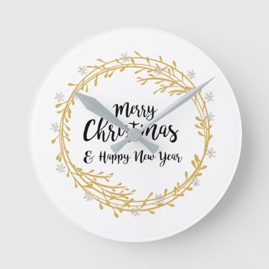 クリスマスリース(銀色のグリッター雪片) ラウンド壁時計 (正面)