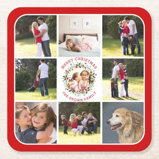 クリスマスリース、9枚の写真とコラージュ スクエアペーパーコースター (正面)