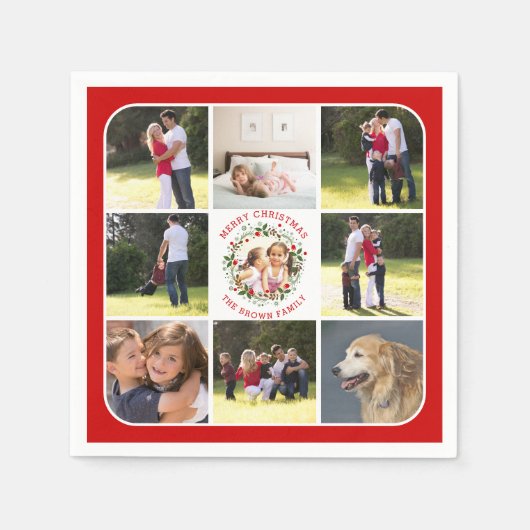 クリスマスリース、9枚の写真とコラージュ スタンダードカクテルナプキン (正面)