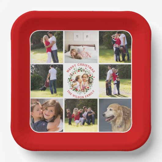 クリスマスリース、9枚の写真とコラージュ ペーパープレート (正面)