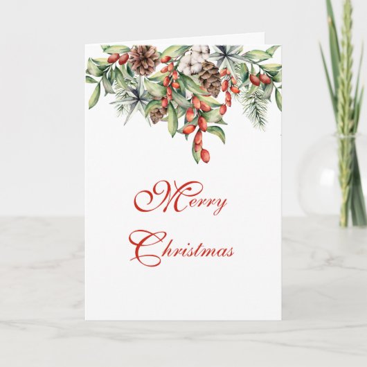 クリスマスリーフとベリーの折り畳みグリーティングカード カード (正面)