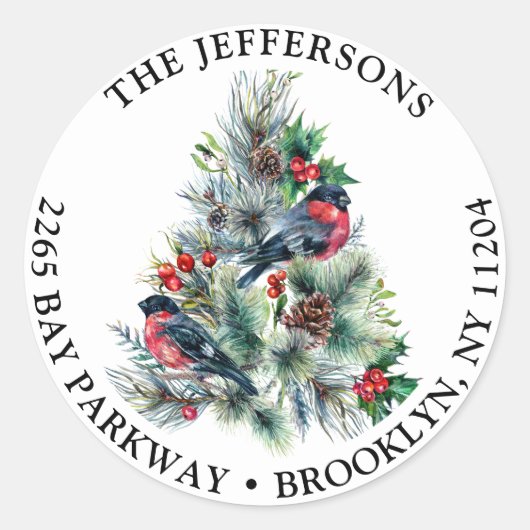 クリスマスリーフ&レッドバード差出人住所ラベル ラウンドシール (正面)