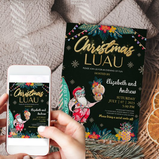 クリスマスルアウ（ハワイ式宴会）トロピカルサンタ招待状カード 招待状