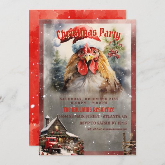 クリスマスルースターの水彩 招待状 (正面/裏面)