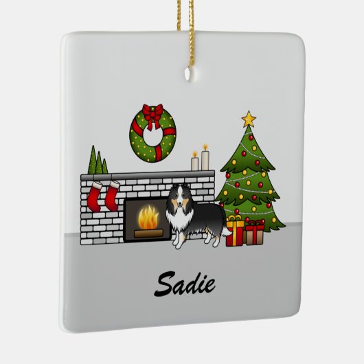 クリスマスルームにシェットランド・ シープドッグの三色の犬と名前 セラミックオーナメント (右)