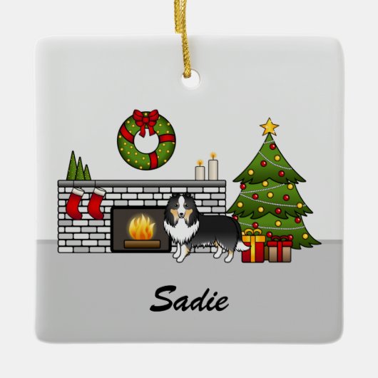 クリスマスルームにシェットランド・ シープドッグの三色の犬と名前 セラミックオーナメント (正面)