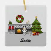 クリスマスルームにブルーメルルシェットランド・ シープドッグドッグ&名前 セラミックオーナメント (正面)