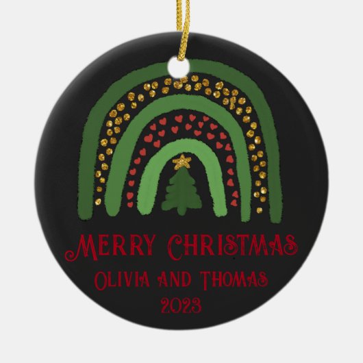 クリスマスレインボーグリッターレッド金ゴールドグリーン セラミックオーナメント (正面)