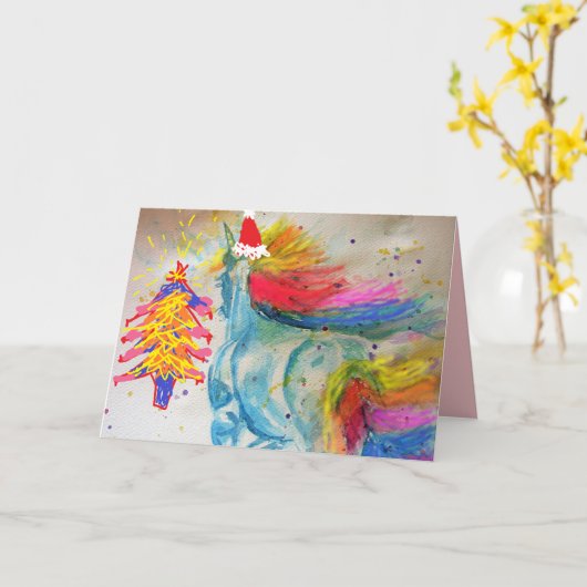 クリスマスレインボーユニコーンサンタウォーターカラーカード カード (黄色い花)
