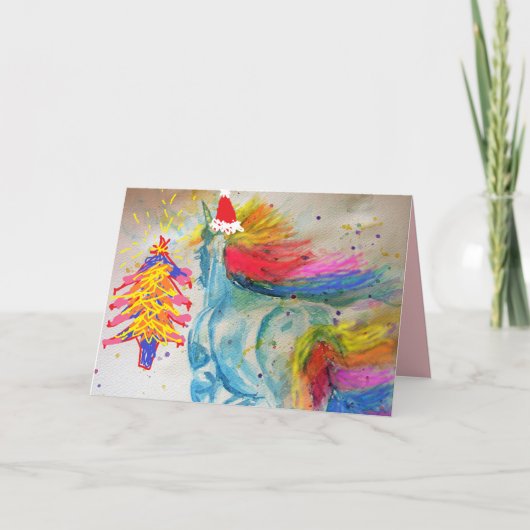 クリスマスレインボーユニコーンサンタウォーターカラーカード カード (正面)