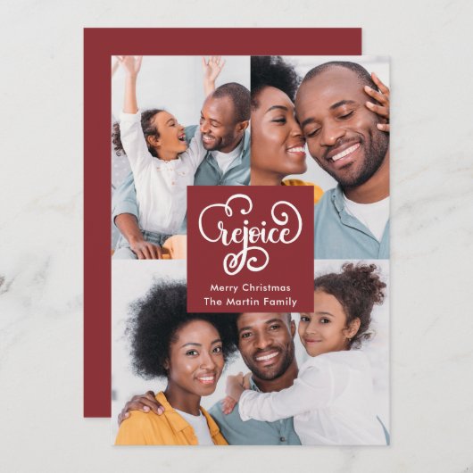 クリスマスレジョイスタイポグラフィレッドフォトクリスマス シーズンカード (正面/裏面)