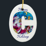 クリスマスレターインスパイア/サンタモノグラム セラミックオーナメント<br><div class="desc">Sアルファベット文字モノグラムお洒落デザイン.芸術的ミュージカルと水の色の赤鮮やか、青、黄色、白い色とブルガンルミの絵画S (c)。サンタクロース遊は、雪の冬の夜に青い空、月と黄色の星の下で雪の中でバイオリンは、表現の高いフクロウおもしろい、猫とカラフルプレゼントの満杯の彼のクリスマスサック</div>