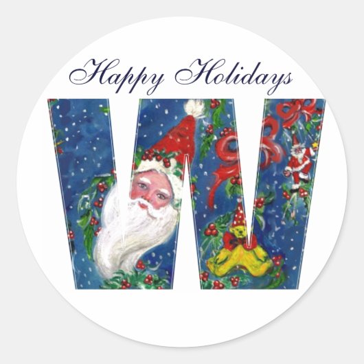 クリスマスレター/赤いリボンのサンタクロース ラウンドシール (正面)