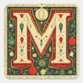 クリスマスレターM：エメラルドグリーン&金ゴールドエレガンス スクエアシール (正面)