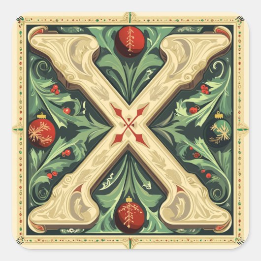 クリスマスレターX：赤、緑、金ゴールドデザイン スクエアシール (正面)