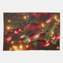 クリスマスレッドとグリーンのグリッターオーナメント キッチンタオル