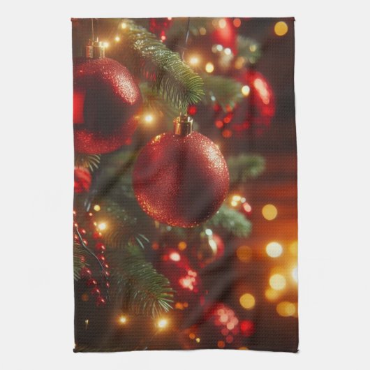 クリスマスレッドとグリーンのグリッターオーナメント キッチンタオル (縦)